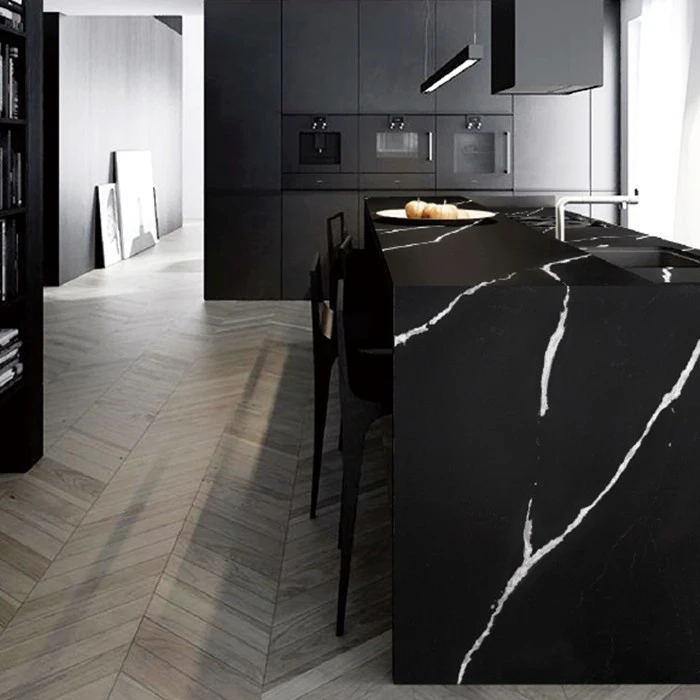 Artificial Nero Black Marquina Calacatta Quartz Slab And Countertops_
